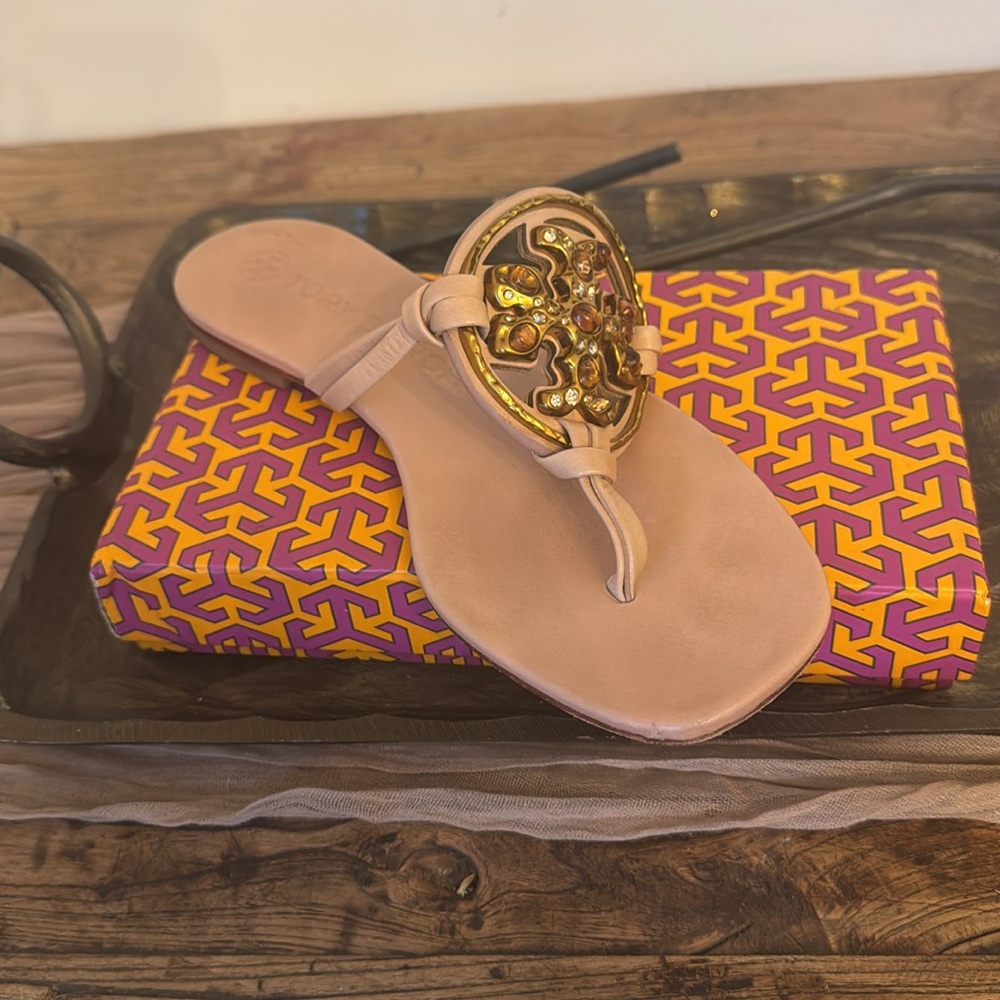 Tory Burch  MillerGold Tan Sandals with Medallion jewels - Picture 3 of 13